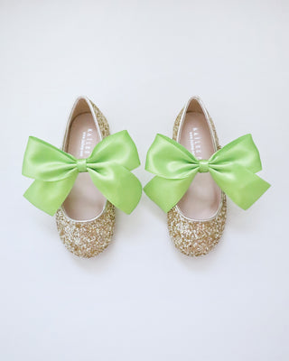 Gold Rock Glitter Mary Jane with Apple Green Satin Bow