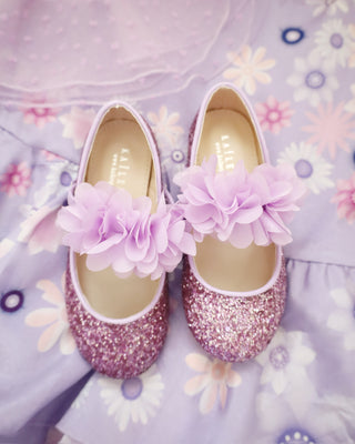 Rock Glitter Mary Jane Flats with Purple Chiffon Flowers