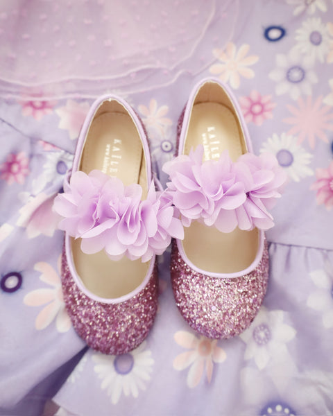 Rock Glitter Mary Jane Flats with Chiffon Flowers, Halloween