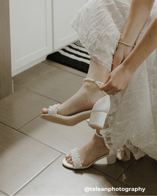 Satin Block Heel Wedding Sandals with Perla Applique and All Pearls Strap