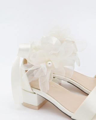 Satin Block Heel Girls Sandals with Ophelia Flowers