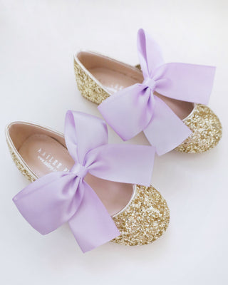 Gold Rock Glitter Mary Jane with Lavender Satin Bow