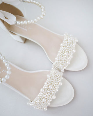 Satin Block Heel Wedding Sandals with Perla Applique and All Pearls Strap