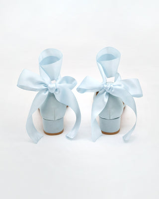 Satin Pointy Toe Low Block Heels Wedding Shoes with Wrapped Ribbon Tie