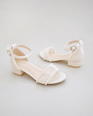 ivory crochet lace block heel sandals with mini pearls
