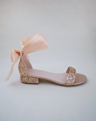 rose gold glitter heel wedding sandals with satin ribbon
