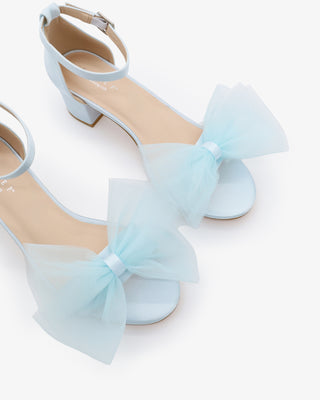 Satin Block Heel Sandal with Front Oversized Tulle BowWomen Shoes
