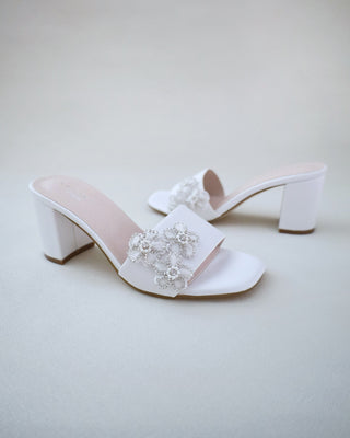 White Satin Block Heels Slide Wedding Sandals with Rhinestones Chassia Flower