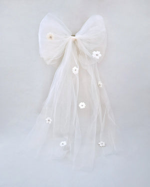 Long Oversized Tulle Bow Hair Clip with Flower Applique