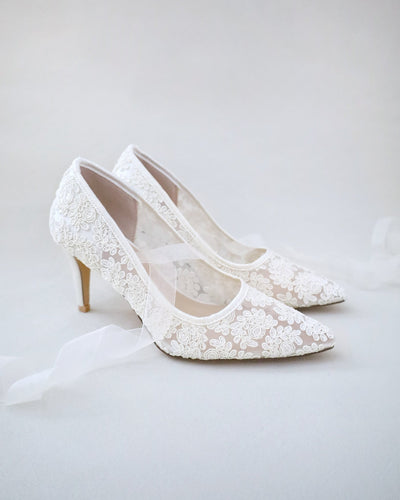 Ivory Crochet Wedding Pump with Sheer Lace Up