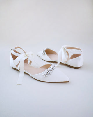 Satin Pointy Toe flats with Floral Rhinestones Embellishment and Satin Tie