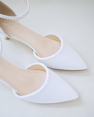 White Satin Pointy Toe Low Heels with Mini Pearls