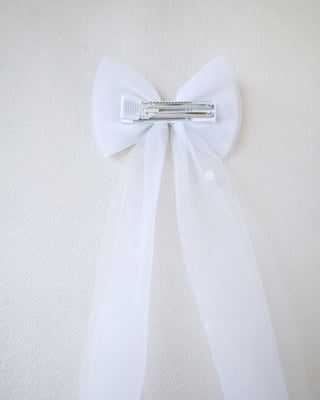 white long tail tulle bow with pearls