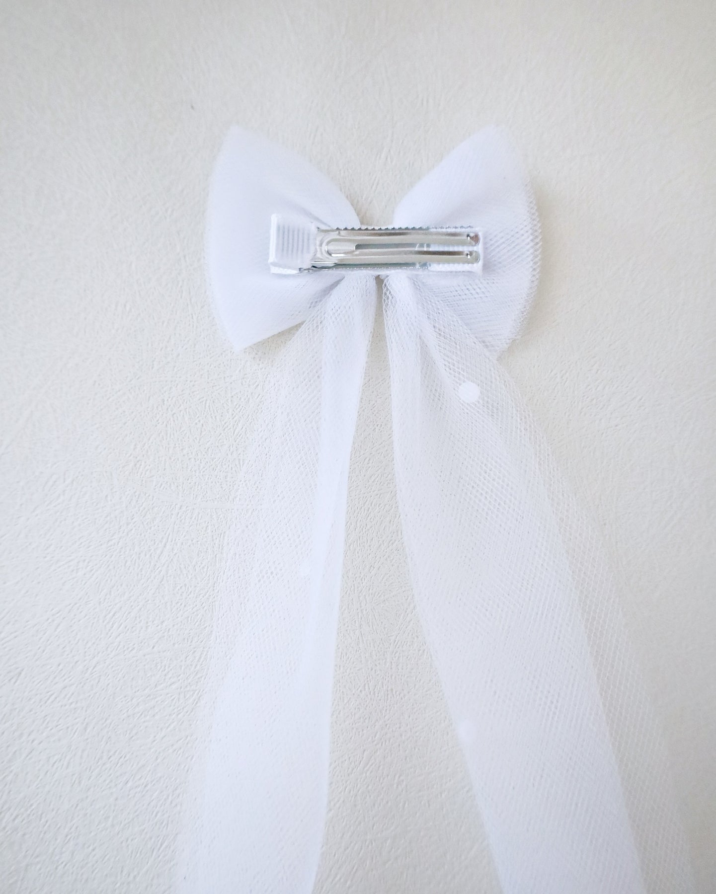 KP Accessories Long Tail Tulle Bow Hair Clip with Scattered Pearls, Flower Girls Bow White