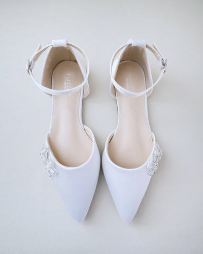 White Satin Wedding Flats with Chassia Flower