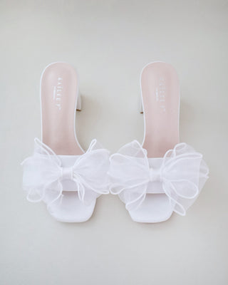 Satin Block Heels Wedding Slide Sandals with Layered Organza Bow