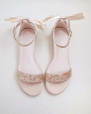 Rose Gold Glitter Low Heel Wedding Sandals with Satin Back Bow