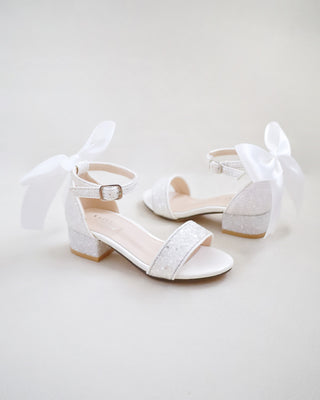 White Glitter Low Block Heel with Satin Back Bow