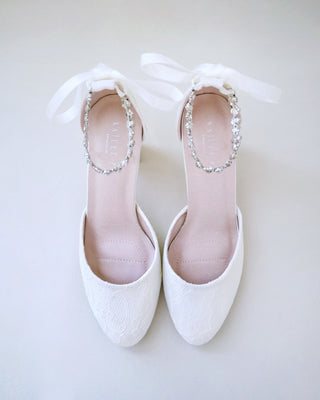 ivory lace wedding block heels with rhinestones strap