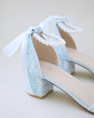 light blue crochet lace wedding heel sandals with pearl strap