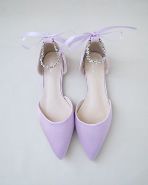 Satin Pointy Toe Evening Flats with Amaryllis Strap