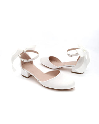 Round Toe Satin Block Heel with Back Satin Bow
