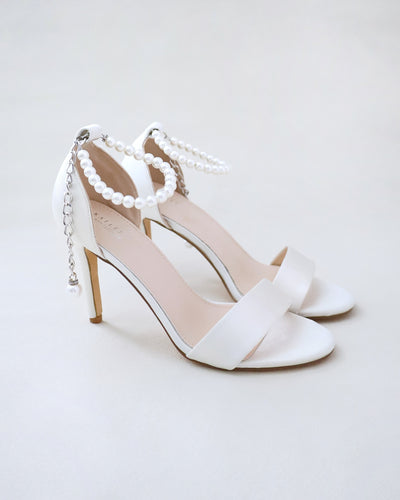 ivory satin high heel wedding sandals with pearl strap