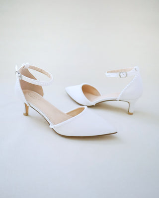 White Satin Pointy Toe Low Heels with Mini Pearls