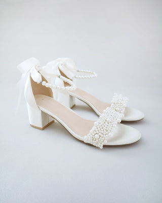 Satin Block Heel Wedding Sandals with Perla Applique and All Pearls Strap