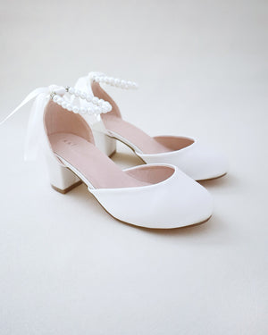 Girls Satin Block Heel with All Pearls Ankle Strap