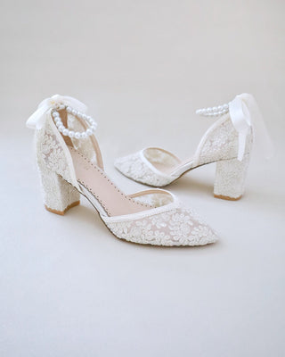 ivory crochet wedding block heels with pearl ankle strap
