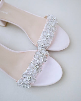 Satin Evening Block Heel Sandals with Rhinestones Chassia Flower