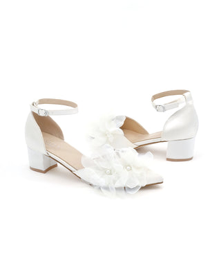 Satin Pointy Toe Low Block Heels Wedding Shoes with Ophelia Flowers