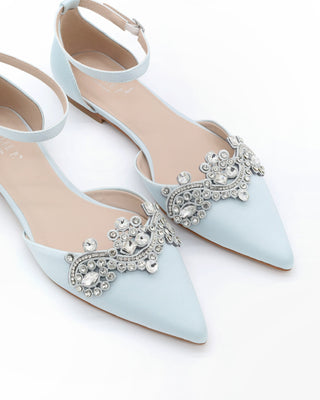 Satin Pointy Toe Flats with Rhinestones Applique Embellishments