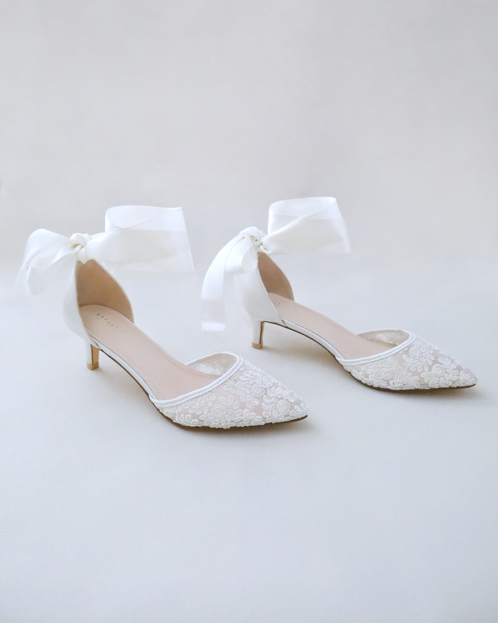 Crochet Lace Pointy Toe Wedding Kitten Low Heel with Wrapped Ankle Tie