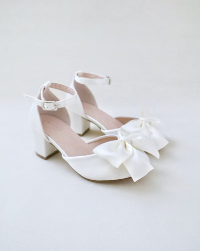 ivory satin block heels flower girls shoes with satin bow