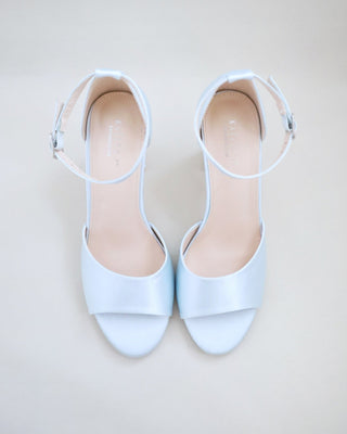 light blue satin block heels wedding shoes