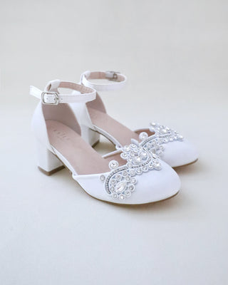 white satin girls block heels with rhinestones applique on vamp