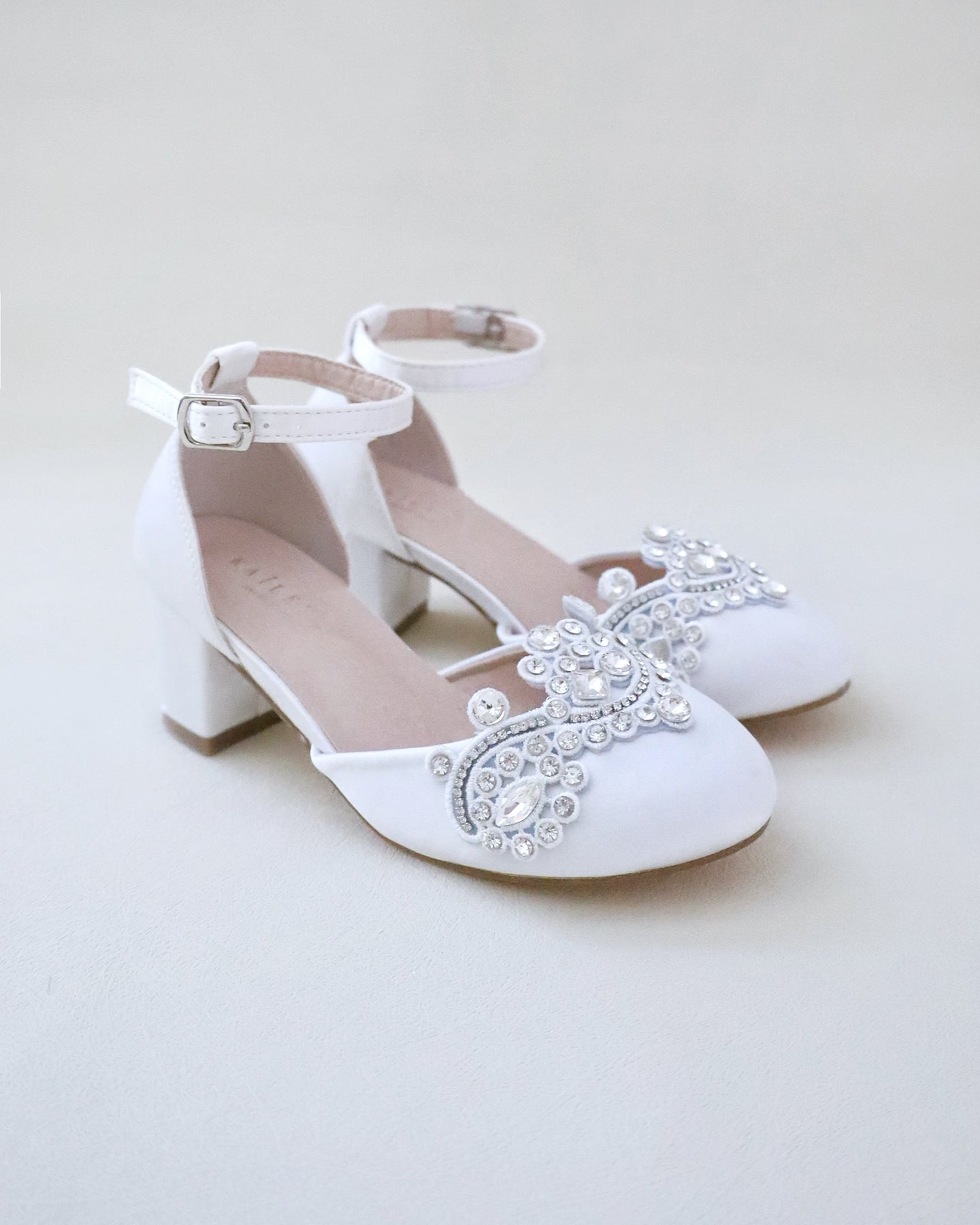 Girls Satin Block Heel with Satin Bow Flower Girls Communion Shoes