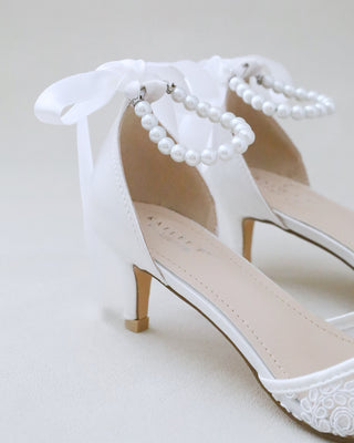 Crochet Lace Pointy Toe Wedding Kitten Low Heel with Small Pearls AppliqueWomen Shoes