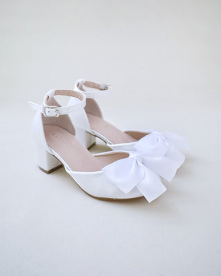 white satin block heels flower girls shoes with satin bow