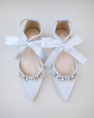 Satin Pointy Toe Flats with Floral Rhinestones Embellishment