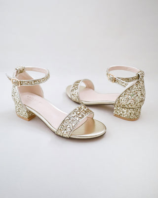 Gold Rock Glitter Low Block Heel Flower Girls Sandals 