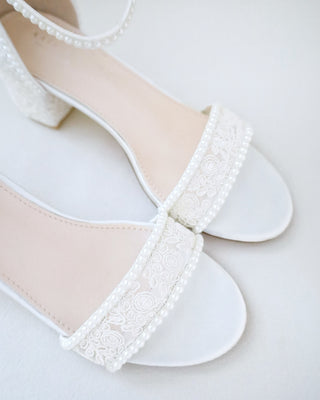 Ivory Crochet Lace Block Heel Wedding Sandals with Mini Pearls