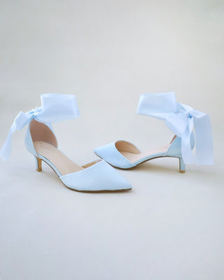 Satin Pointy Toe Low Heels with Wrapped Ankle Tie