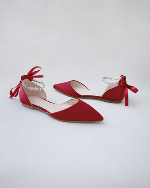 Satin Pointy Toe Evening Flats with Amaryllis Strap