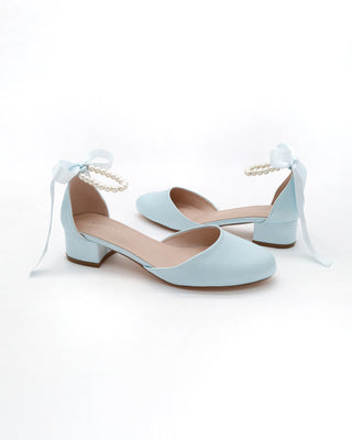 Round Toe Satin Block Heel with All Pearls Ankle Straps