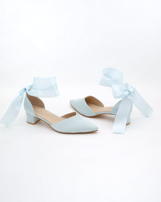 Satin Pointy Toe Low Block Heels Wedding Shoes with Wrapped Ribbon Tie