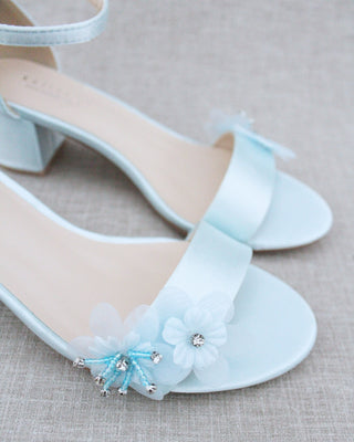 Satin Block Heel Wedding Sandals with Flower Appliques