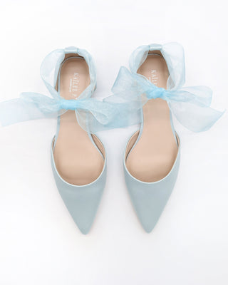 Satin Pointy Toe Bridal Flats with Ribbon Tie or Pearls StrapWomen Shoes
